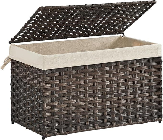 SONGMICS Storage Basket with Lid, Woven Blanket Storage Bin with Handles, Foldable, Removable Liner, Metal Frame, for Bedroom, Laundry Room, 17.2 Gallons (65 L), Brown URST56BR by Unknown