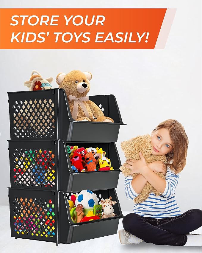 XLarge Stackable Storage Bins Open Front for Pantry Storage, 3 Pack - Black | Sturdy Plastic, Easy Stacking, Open Front Access, Ventilated Sides, Vertical & Space Saving Pantry Organizers and Storage Bin - Image 6