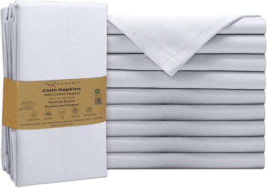 Ruvanti Cloth Napkins Set of 12, 100% Cotton High GSM 18x18 Inches Soft, Washable, Highly Durable & Absorbent, Perfect for Parties, Christmas, Thanksgiving Dinners – White by Ruvanti