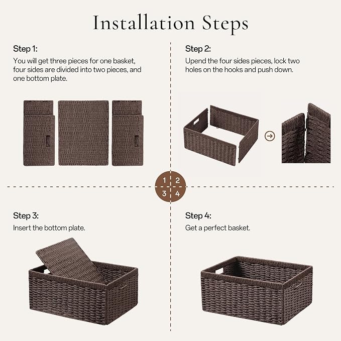 joybest Dark Brown Wicker Baskets for Shelves, Hand-woven Storage Baskets | 13L x 10W x 5H inch for Pantry, Kichen Organizing, Foldable Rectangular Bin with Handles, 2-pack - Image 7
