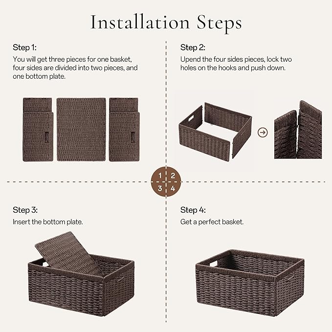 joybest Dark Brown Wicker Baskets for Shelves, Hand-woven Storage Baskets | 13.4L x 8.3W x 7.1H inch for Pantry, Kichen Organizing, Foldable Rectangular Bin with Handles, 4-pack - Image 2