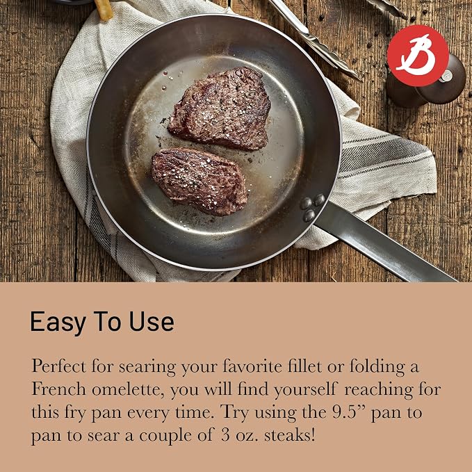 de Buyer MINERAL B Carbon Steel Fry Pan - 9.5” Diameter, 6.9” Cooking Surface - Ideal for Searing, Sauteing & Reheating - Naturally Non-Stick Finish - Made in France - Image 5