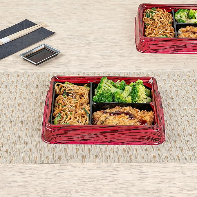 Restaurantware-Bento Tek 16.1 Ounce Meal Prep Containers, 50 Disposable To Go Food Boxes - Lids Sold Separately, 3 Compartments, Red And Black Plastic Bento Lunch Boxes, Freezable, For Take Out - Image 3
