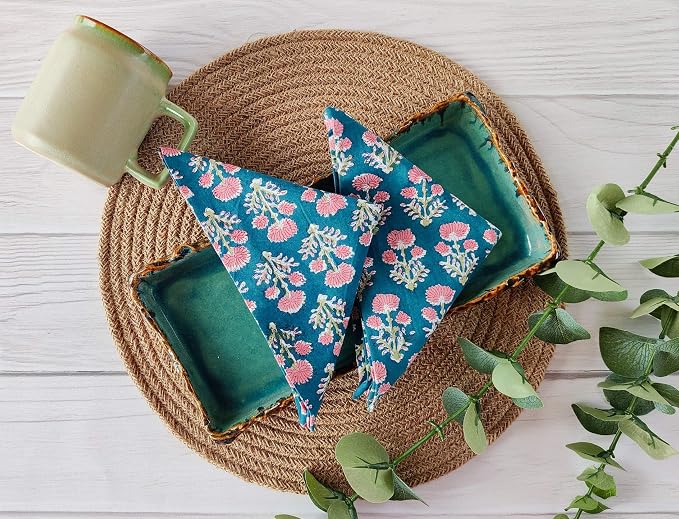 Cotton Print Napkins 18x18 inches - Washable Cloth Dinner Napkins Set of 6 - Everyday Use or Dinner Party & Events - Teal Blue Indian Block Printed Soft Fabric By Craftbot - Image 2