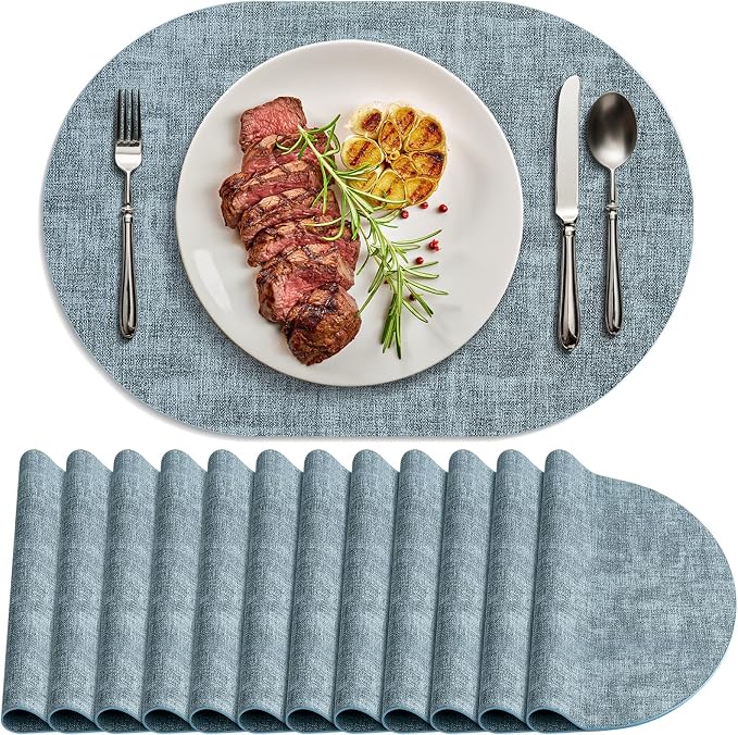 Placemats Set of 12 Washable, Heat Resistant Table Placemats Wipeable Faux Leather Oval Place Mats Non Slip, Waterproof Oval Table Mats for Indoor Outdoor, Light Blue by Delicateandelegantplacemats