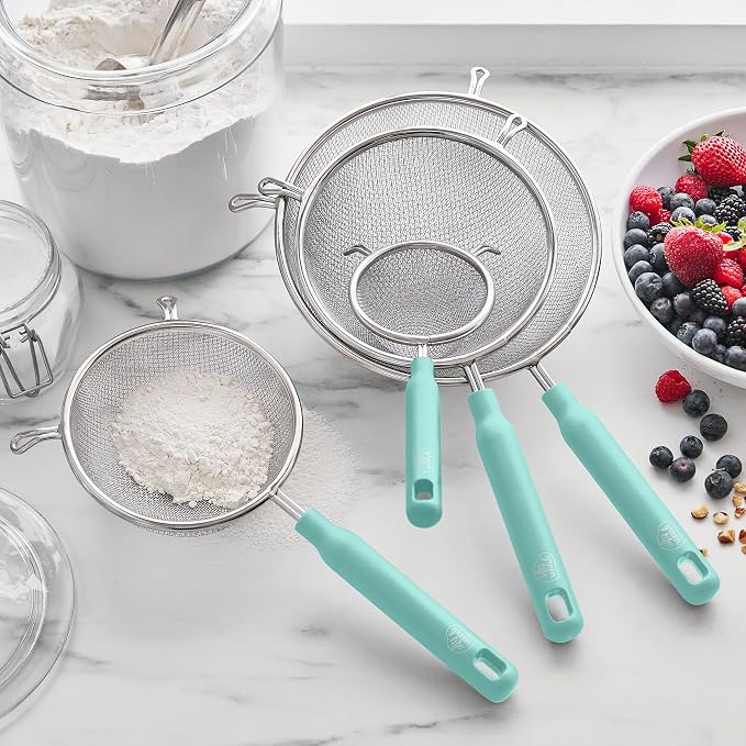 GreenLife Cooking Tools and Utensils, 4 Piece Extra Fine Stainless Steel Mesh Strainer Kitchen Set, Stay Cool Handles, Dishwasher Safe, BPA-Free, Turquoise - Image 2