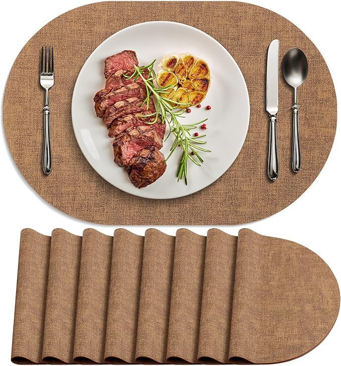 Placemats Set of 8 - Washable Heat Resistant Table Placemats - Wipeable Faux Leather Oval Place Mats, Waterproof Table Mats for Dining Table, Brown by Delicateandelegantplacemats