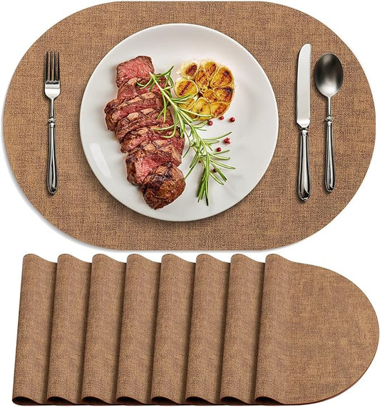 Placemats Set of 8 - Washable Heat Resistant Table Placemats - Wipeable Faux Leather Oval Place Mats, Waterproof Table Mats for Dining Table, Brown by Delicateandelegantplacemats