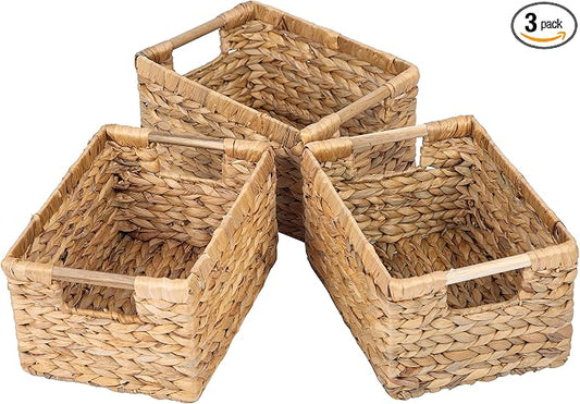 Natural Water Hyacinth storage basket with Handle, Rectangular Organizing Basket for Organizing, Decorative Wicker Storage Bins for Living Room, Medium Wicker Baskets - 3 Pack Medium by VATIMA