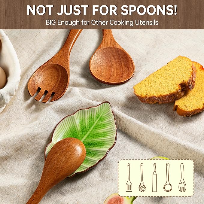 11 PCS Natural Acacia Wooden Utensil Set Wooden Spoons for Cooking | Non-Toxic, Nonstick Friendly, Sturdy & Easy to Clean, With Ceramic Spoon Rest & 10 Hooks, Ideal Housewarming Gift - Image 6