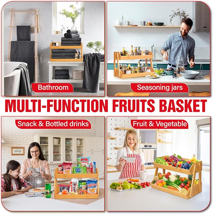 16.5" Fruit Stand Storage Holder 4 Sturdier Legs, 2-Tier Fruit Basket Bowl | Premium Produce Basket for Kitchen, Bamboo Fruit Bowl Holder for Fruit, Vegetables, Bread, Snacks, Countertop Organizer - Image 7