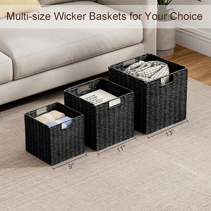 Wicker Basket, Set of 2 Woven Storage Baskets for Shelves, Foldable Cube Storage Basket Bins with Handles, 9 inch Small Storage Baskets for Organizing Pantry Bedroom, Black - Image 7