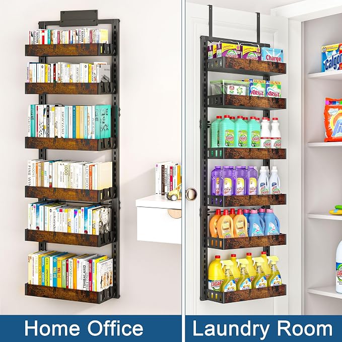 BUKFEN 6-Tier Over the Door Pantry Organizer, Adjustable Basket Spice Rack | 2-IN-1 Door & Wall Mounted, Heavy Duty Metal Storage Shelf,12 Hooks, Back of Door Organizer for Kitchen, Bathroom, Closet - Image 7
