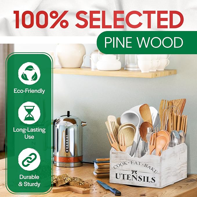 Extra-Large Kitchen Utensil Holder for Countertop-360° Rotating Base | 6-Compartments Cooking Utensil Organizer, Removable Divider, Wooden Utensil Organizer for Countertop, Farmhouse Kitchen Decor - Image 6