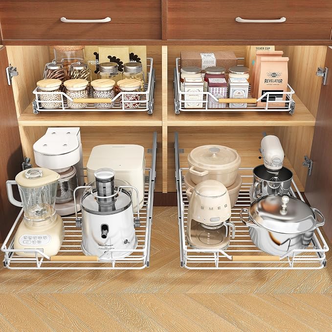 Pull out Cabinet Organizer, 15"W X 21"D, Heavy Duty Smooth Sliding Under Cabinet Shelves for Pots and Pans, Full-Extension Roll out Drawers, Slide out Organization for Home Kitchen Pantry, White - Image 2