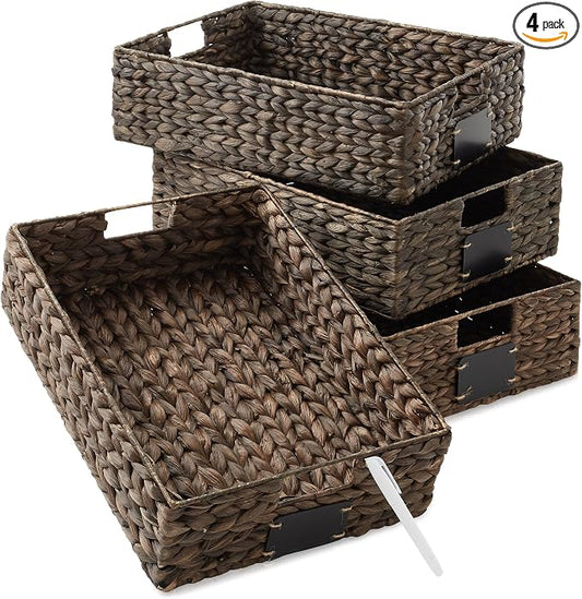 Casafield Set of 4 Water Hyacinth Pantry Baskets, 12-1/2" x 17" x 5", with Chalkboard Labels and Chalk Marker - Espresso, Woven Storage Bin Organizers for Kitchen Shelves by Casafield