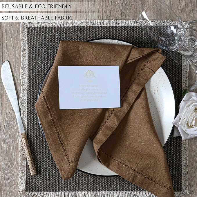 Ramanta Home Brown Cloth Dinner Napkin Set of 12-18x18 Inch | Cotton Linen Flax Hemstitched Napkins Washable for Everyday Use - Image 7