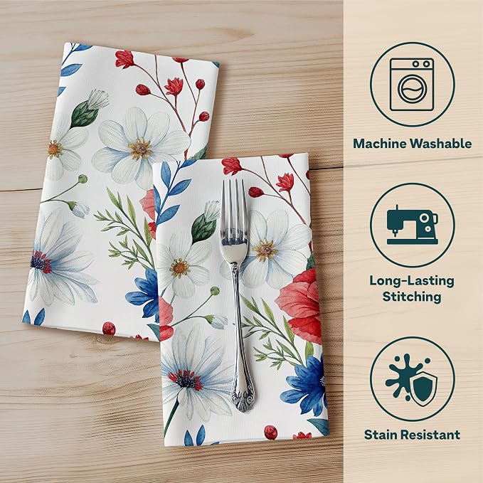 Fourth of July Cloth Napkins | Red White and Blue | Spring Floral Napkins | Patriotic Table Decorations | Absorbent, Washable, Reusable, Stain & Wrinkle Resistant | Made in America - 4pack - Image 2
