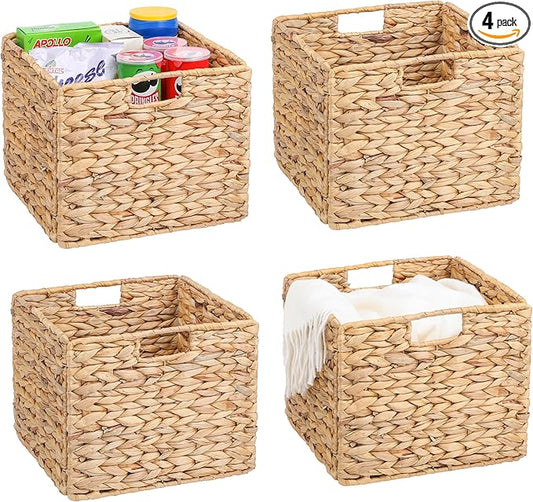12x12x10 Water Hyacinth Storage Basket Large, Folding Cube Woven Wicker Storage Basket for Shelves, Pantry Baskets Organization and Storage, Large Rattan Basket Set of 4 by DINGTAI