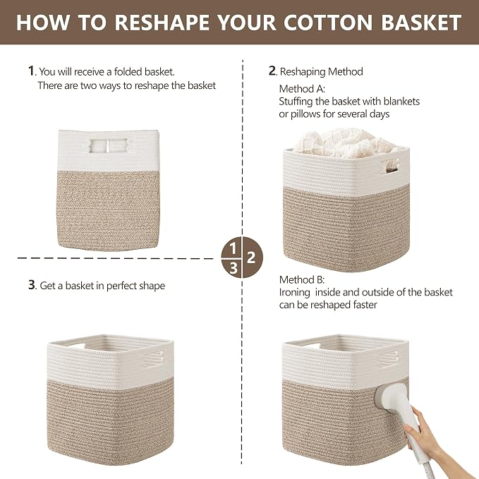 UBBCARE Set of 4 Storage Cubes-11 X 10.5 X 10.5 In, Cotton Rope Basket for Shelves, Toys, Book, Cube Storage Bin with Handles, Woven Storage Basket for Organizing, White/Brown - Image 7