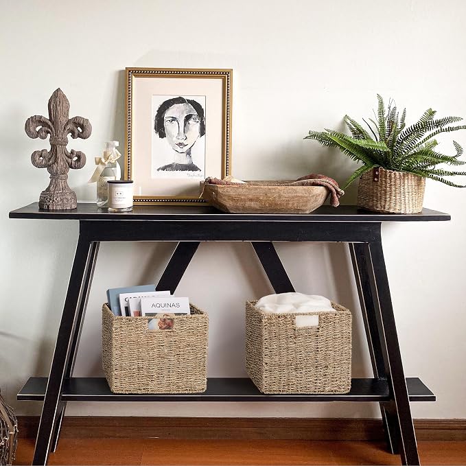 12x12x10in Seagrass Storage Baskets Set of 4, Large Wicker Storage Basket, Decorative Seagrass Shelf Basket, Pantry Baskets Organization,Folding Storage Cube Bins - Image 2