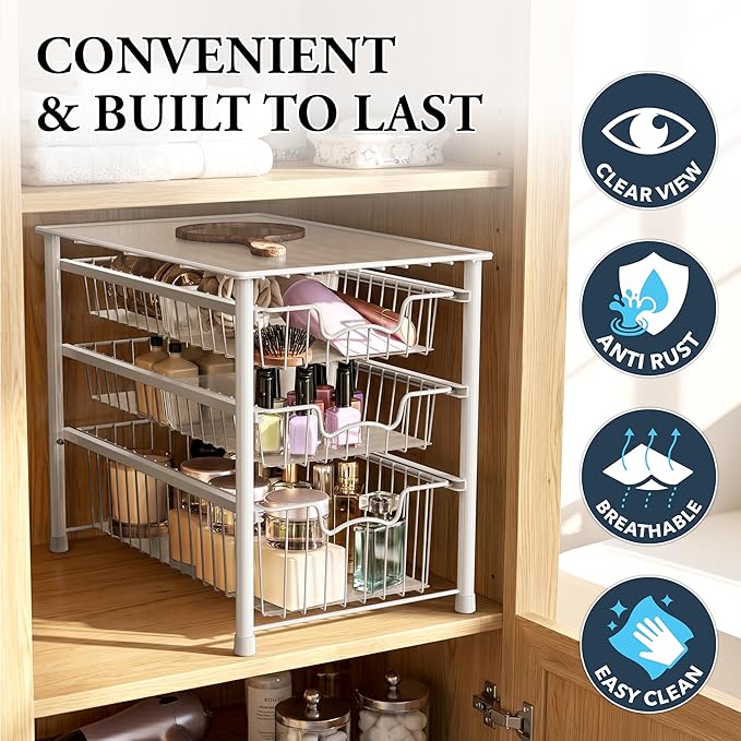 Simple Houseware Stackable 3 Tier Sliding Basket Organizer Drawer, White - Image 5