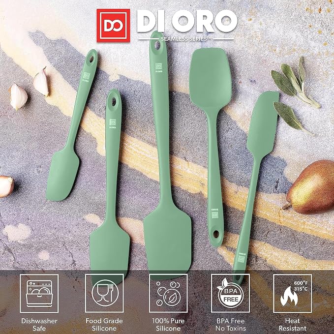 DI ORO Silicone Spatula Set - Rubber Kitchen Spatulas for Baking, Cooking, & Mixing - 600°F Heat-Resistant & BPA Free Silicone Scraper Spatulas for Nonstick Cookware - Dishwasher Safe (5pc, Sage) - Image 3