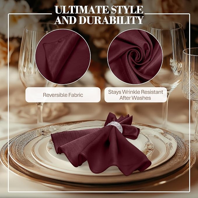 17x17-Inch Shantung Cloth Napkins, Burgundy, Set of 12 | Bulk Case of 1 Dozen, Satin, Square, 100% Polyester Fabric, Reversible, Faux Dupioni Silk Reverse Side, Machine Washable, Red - Image 3