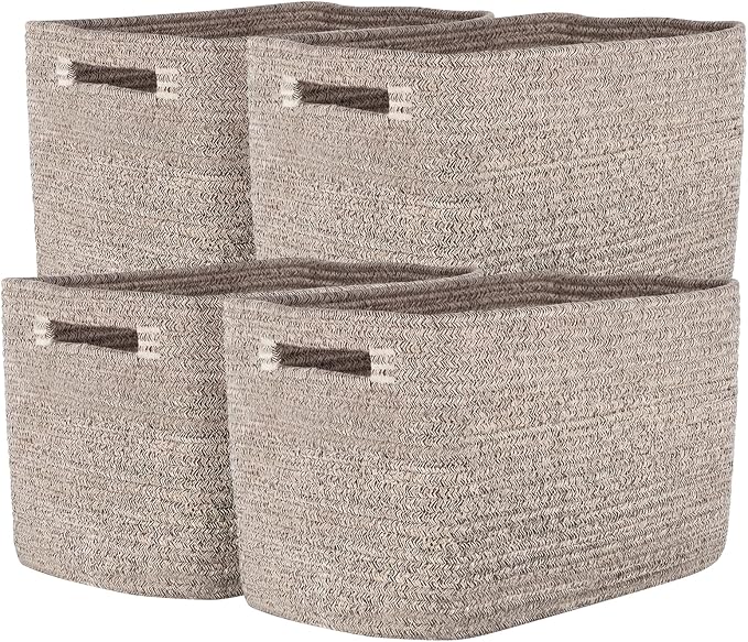 Storage Baskets for Organizing, 14 x 10 x 9” Closet Shelf Woven Baskets, Square Bins with Handles, Cotton Rope Basket for Clothes, Office, Room, Brown 4 Pack by Unknown