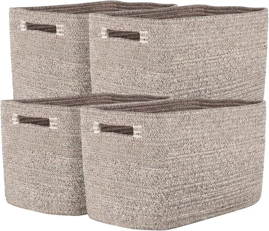 Storage Baskets for Organizing, 14 x 10 x 9” Closet Shelf Woven Baskets, Square Bins with Handles, Cotton Rope Basket for Clothes, Office, Room, Brown 4 Pack by Unknown