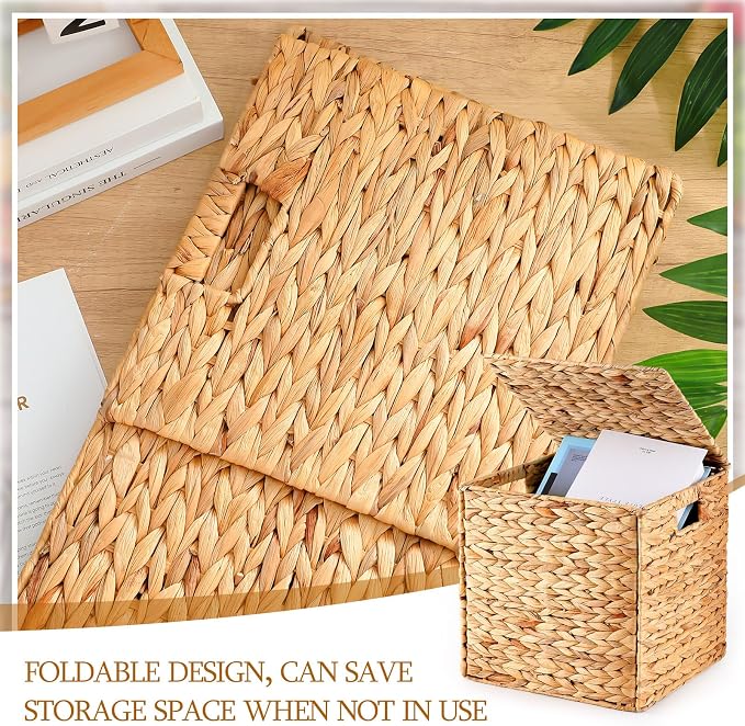 Jinei 6 Pcs Wicker Storage Basket Bulk 10 x 10 x 10 Inch Handwoven Water Hyacinth Cube Bin with Handles Woven Laundry for Organizer Shelves Wood Color - Image 4