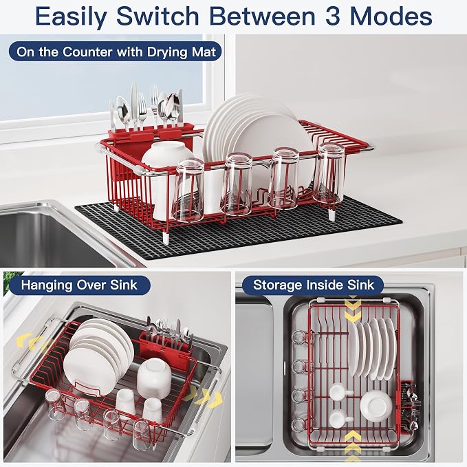 JASIWAY Red Dish Drying Rack in Sink with Mat, Cups and Utensil Holder | Use Over the Sink or Counter, Stainless Steel Expandable Dish Drainer for Small Kitchen, Space Saving, Fast Drain, Rustproof - Image 2