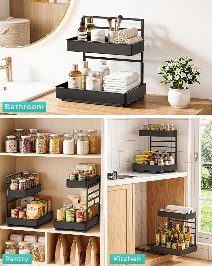 EVERIE Metal Pull Out Slide Shelf Organizer for Under Sink Organization in Kitchen, Bathroom, Counter, Cabinets, Minimum Available Space 13" Wide x 16.5" Deep (Black, 1 Set) - Image 8