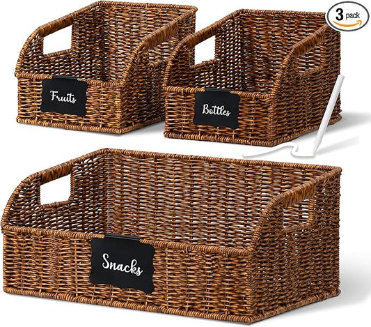 Brownlily Faux Wicker Pantry Storage Baskets, Brown-Single Set (3-Piece) | Handwoven Baskets for Organizing with Built-in Handles, All-Purpose Storage Baskets with Chalkboard for Shelves,Laundry Room by Unknown