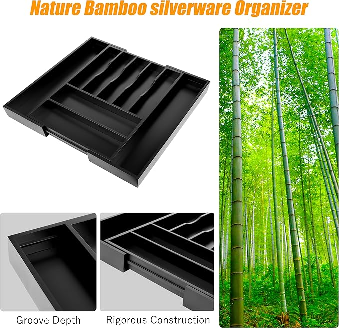 Large Premium Bamboo Silverware Organizer - Expandable Utensil Drawer Organizer - 17"x19.6" Utensil Holder and Cutlery Tray with Grooved for Kitchen Flatware and Utensils(7-9 Slot, Black) - Image 4