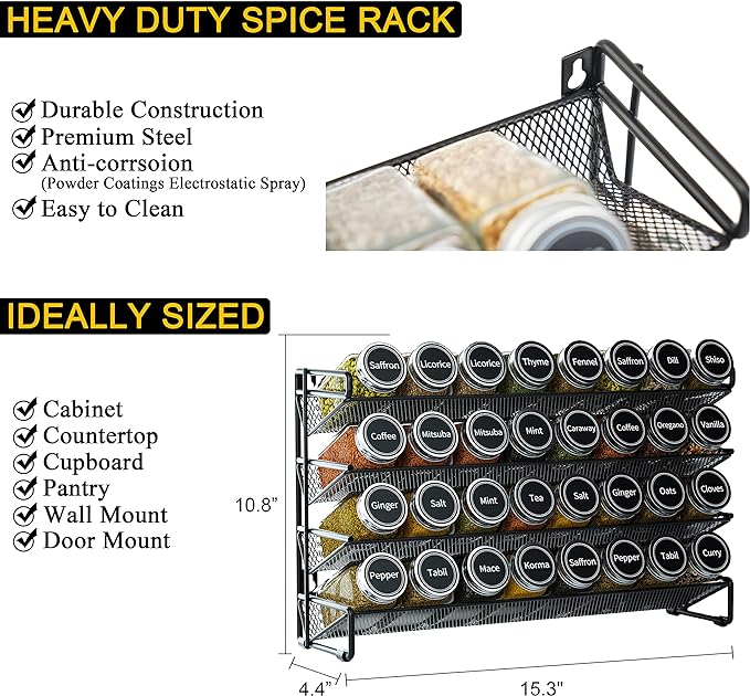 SpaceAid Spice Rack Organizer with 32 Spice Jars, 386 Spice Labels, Chalk Marker and Funnel Set for Cabinet, Countertop, Pantry, Cupboard or Door & Wall Mount - 32 Jars, 15.3" W × 10.8" H, Black - Image 4