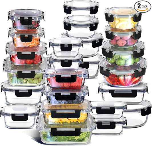 Nestl 48pc Glass Storage Containers with Lids, 24 Glass Food Storage Containers with 24 Airtight Lids for Pantry & Kitchen, Meal Prep Containers for Lunch, Oven Microwave & Dishwasher Safe, Black by Nestl