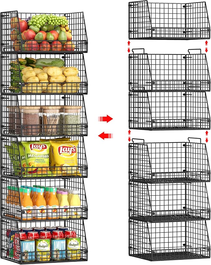Jakyitvi 6 Pack Stackable Wire Baskets for Pantry,6 Pank Metal Pantry Organizer Storage Bins for Kitchen Snack, Fruit, Potato, Onion & Vegetable Storage, Wire Baskets for Pantry Organization by Jakyitvi