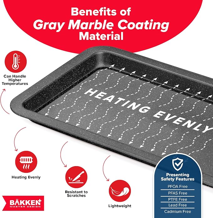 BAKKEN 3-Piece Kitchen Baking Pans - Small, Medium, and Large Cookie Pan, With Nonstick Coating, Stackable and Space-saving Design, PFOA, PFOS, PTFE Free, Oven Safe Tray (Up To 450°F), Gray Marble - Image 5