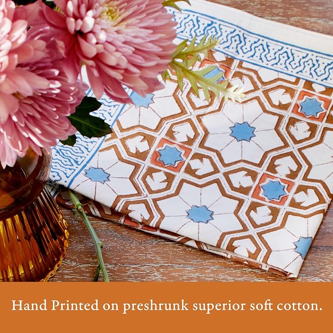 100% Blue Cotton Dinner Napkins, Set of 6, Hand Printed Mosaique Bleue Main Design, Fair Trade, Washable Cloth Napkins for Parties & Cocktails 20x20 in - Image 3