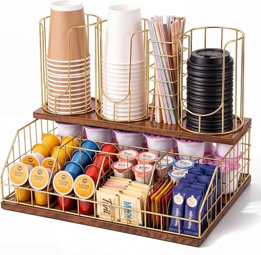 Coffee Cup and Lids Organizer with 4-compartment Double Layer, Cup and Lid Holder for Coffee Pod Straw and Lid Storage, Fits 4-20 oz Cups, Max Accommodable Dia 3.9 in by Geelin