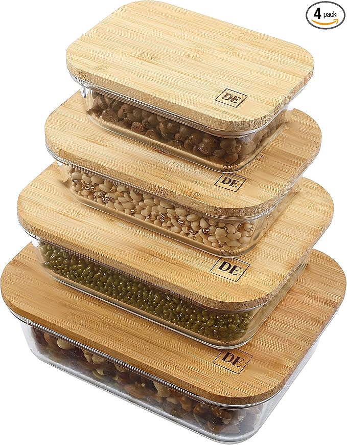 DE Glass Food Storage Containers with Bamboo Lids – 4 Pack (12oz/21oz/35oz/51oz) – BPA-Free Borosilicate Glass Meal Prep Boxes – Oven, Microwave, Freezer Safe – Stackable & Airtight by Unknown