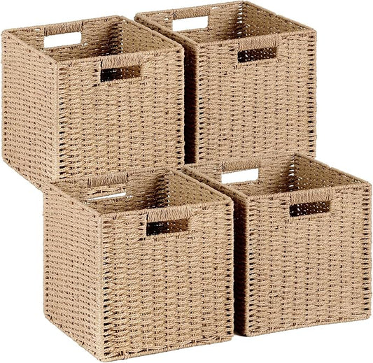 Patvingot 11-Inch Paper Rope Wicker Basket with Built-In Handles,4 Pack | For books, throws and accessories on open shelves, decorative woven texture, metal frame supports the shape, folds flat by Patvingot