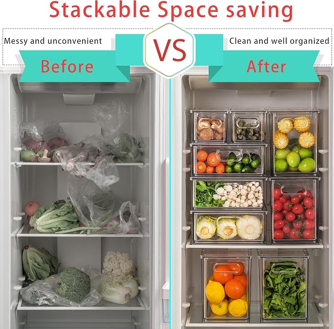 7Pack Clear Fridge Drawer Organizer Pull out Bins Stackable Refrigerator Organizer Bins with Handle for Kitchen Cabinet Organization Divided Produce Saver Container for Fruit Veggie Egg - Image 3