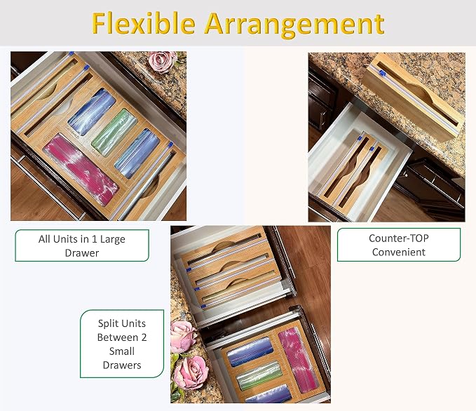 Incredinest Bamboo Drawer Organizer Bag Holder – Modular Design Zip Lock Bag Organizer Plastic Wrap Dispenser with Cutter – Baggie Organizer for Drawer with Single and Double Wrap Dispenser - Image 6