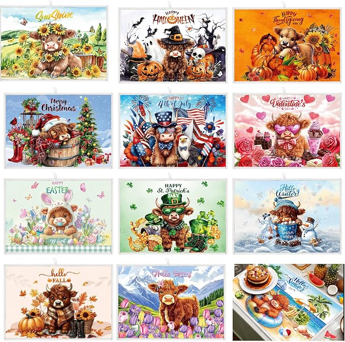 12 Pcs Seasonal Dish Drying Mats for Kitchen 24"x 16" Holiday Microfiber Absorbent Washable Drainer Mat Bulk for Counter Gift Patriotic Summer Home Accessories Decoration(Highland Cow) by Meanplan
