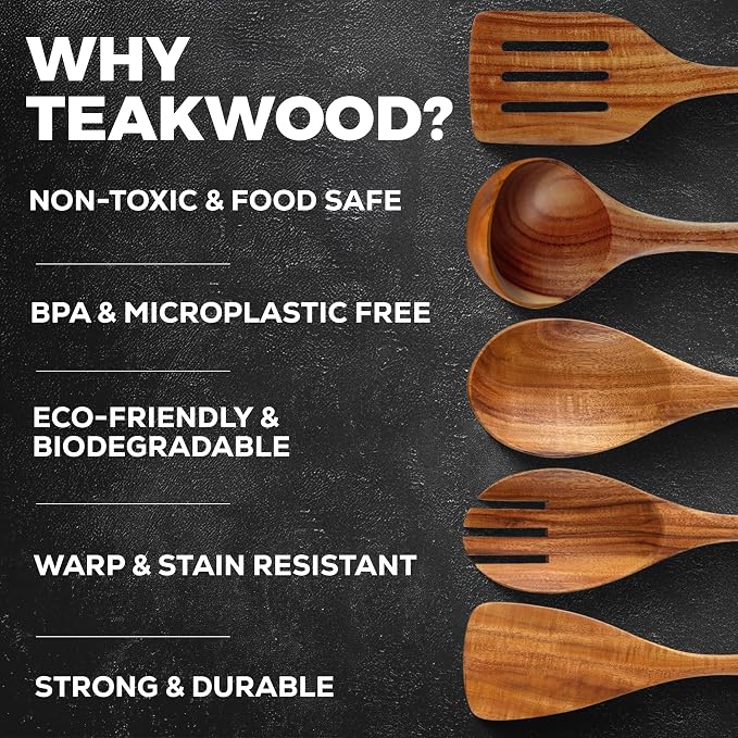 Zulay Kitchen Extra-Large 5-Piece Wooden Spoon Set - Smooth Teak Cooking Utensils - Comfort-Grip Non-Stick Turner, Spatula, Skimmer, Fork, Serving Spoon - Image 4