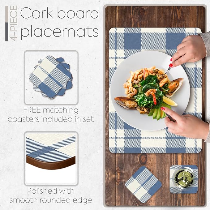 Set of 4 Heat Resistant Country Farmhouse Placemats for Dining Table with Free Set of 4 Matching Drink Coasters Rustic Vintage Design 16 x 12 Inches Cork Backed Hard Placemats/Blue Plaid - Image 4