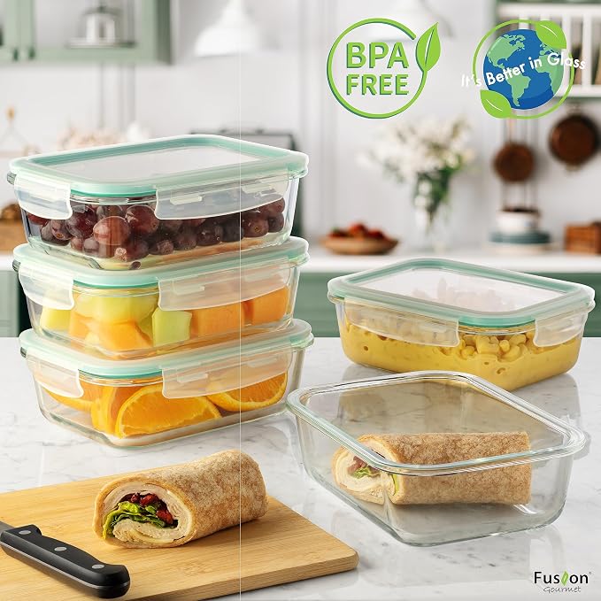 Premium Glass Food Storage Container Combo. Same Size Rectangle & 2 Round Storage Containers (14 containers) - Image 2