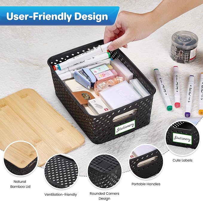 Anysig 8 Pack Plastic Storage Bins with Bamboo Lids, 5.2 QT Stackable Bins | Decorative Small Storage Basket Containers for Organizing Shelves Office Classroom Desktop Closet, Black - Image 3